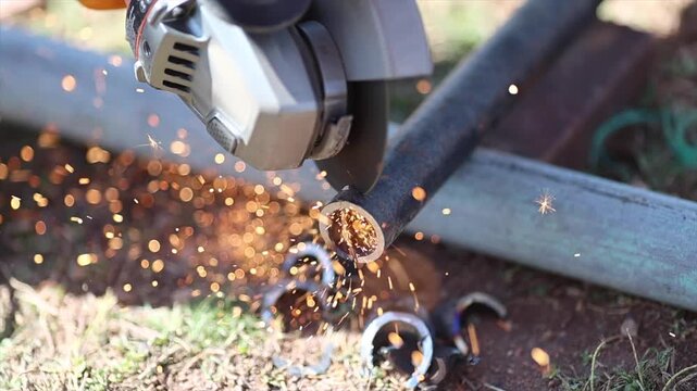 Man is cutting a metal list by angle grinder saw.