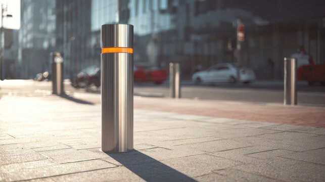 A sleek modern metal security post with an orange LED light ring standing on a paved urban sidewalk to control vehicle access.