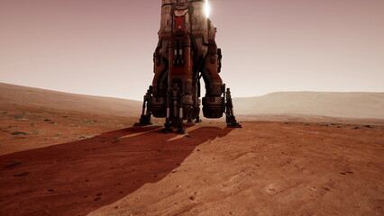 A landing craft stands on the red surface of Mars, casting a long shadow in the evening light, highlighting the terrain texture and the horizon distant ridges. © icetray