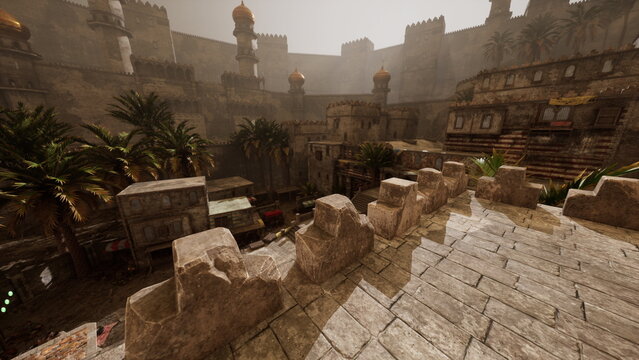 A vibrant ancient city reveals remarkable architecture and lush palm trees. The environment exudes history, inviting exploration of its cultural richness and intricate structures.