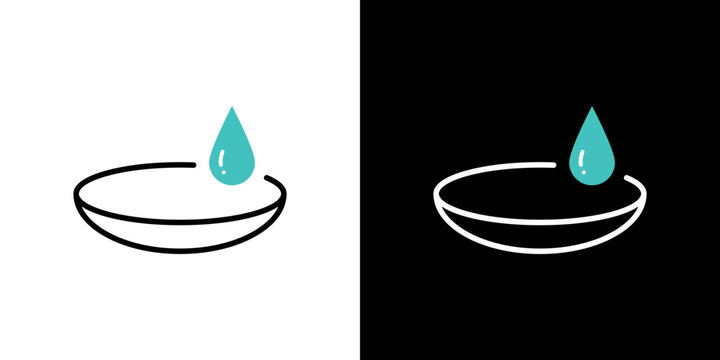 A minimalist linear icon depicting a single contact lens paired with a refreshing eye drop fluid