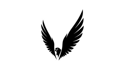 Obraz premium Black silhouette of a bird in flight with outstretched wings on a white background.