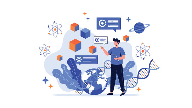 Scientific research and exploration concept with a man surrounded by atomic models, planets, DNA strands, and data charts.