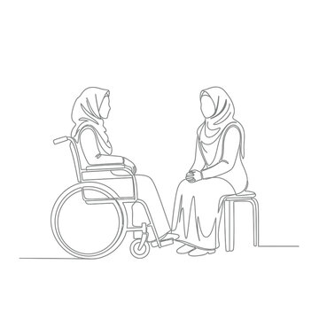 Continuous Line Drawing of Two Muslim Women in Hijabs Talking, One in a Wheelchair