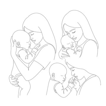 Set of Minimalist Line Drawings Showing Mother Holding and Kissing her Newborn Baby