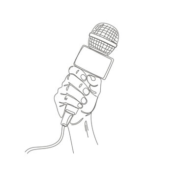 Line art illustration of a hand holding a microphone for news report or interview