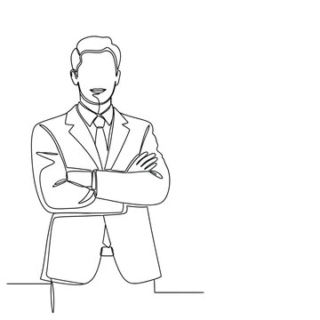 Confident businessman standing with arms crossed in continuous line art drawing