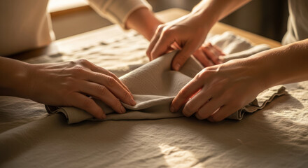 Obraz premium Close-up of two people's hands folding a beige fabric on a table with natural light.