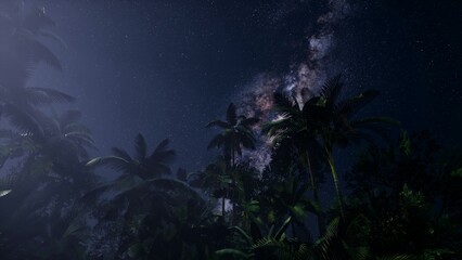 Naklejka premium In a tranquil tropical setting, towering palm trees reach towards a breathtaking night sky filled with stars. The Milky Way glimmers brightly, creating an enchanting atmosphere.