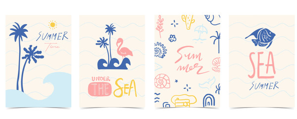 Blue pink hand drawn hello Summertime beach poster set with rainbow,starfish, shell,cactus icon for vacation a4 vertical invitation