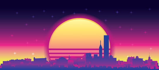 Fototapeta premium Purple generic retro futuristic synthwave panoramic poster of the city skyline with misty background sunset buildings of CHICAGO, ILLINOIS