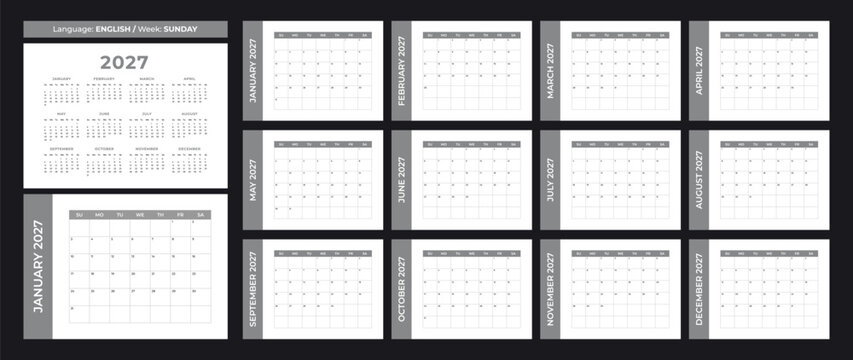 2027 new year calendar template set. Monthly grey horizontal calender with daily planner. Layout in English language. Week starts on Sunday. Vector grayscale illustration. Black on white.