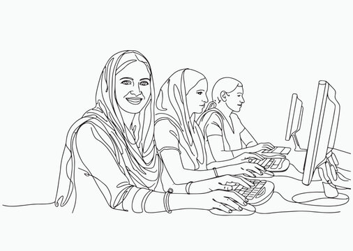 Women working on computer vector line drawing