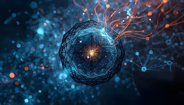 Abstract Quantum Algorithm Visualization with Symmetrical Glowing Cyan and Purple Circles