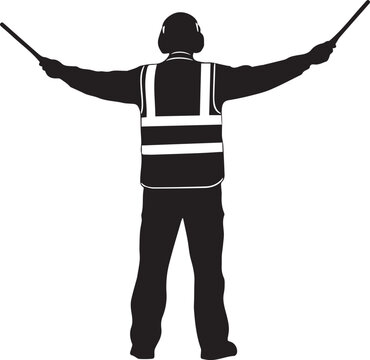 Aviation ground crew silhouette vector illustration signalling with batons on transparent