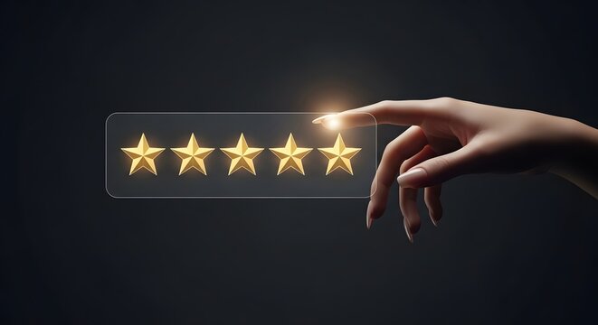 Hand interacting with glowing five star rating on a screen