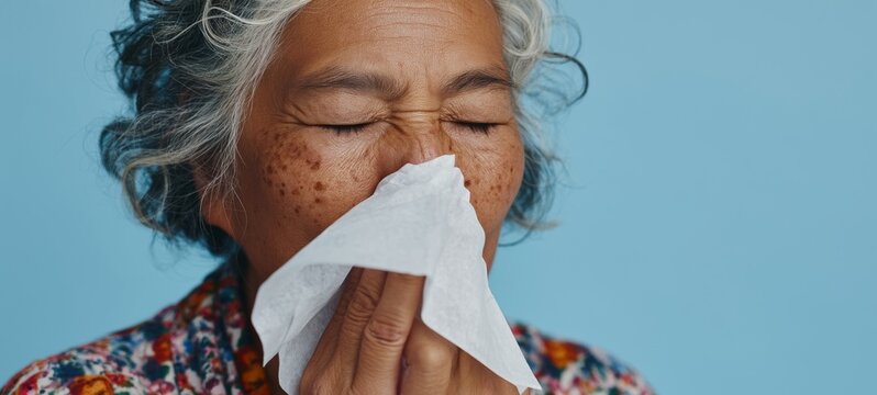 Elderly Woman Using Tissue to Alleviate Nose Congestion