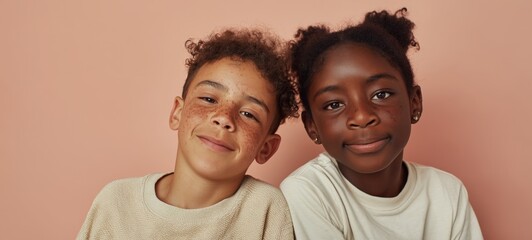 Fototapeta premium Two Children Smiling at the Camera, One Black and One White