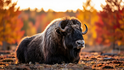 Fototapeta premium A large musk ox rests in a colorful autumn setting. The musk ox is surrounded by vibrant trees with orange and yellow leaves in the background.