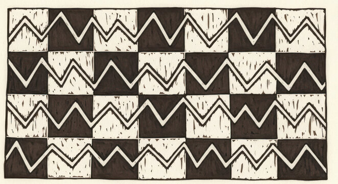 Close-up of a black and white geometric pattern with zigzag lines on a checkered