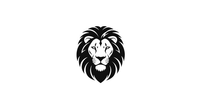 Black and white illustration of a lion's head with a majestic mane on a plain white