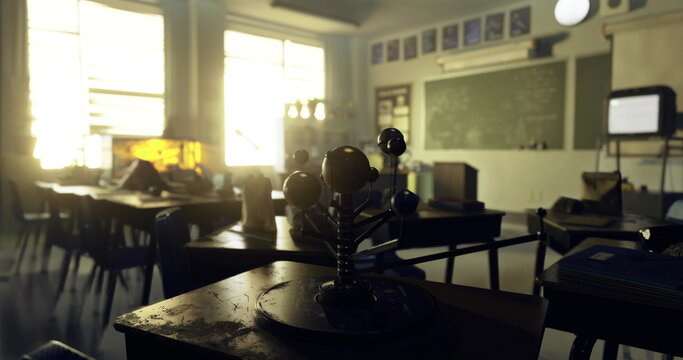 Bright sunlight streams through the windows of an empty classroom, illuminating a model of atoms placed on a desk surrounded by empty chairs and tables, reflecting a quiet learning environment.