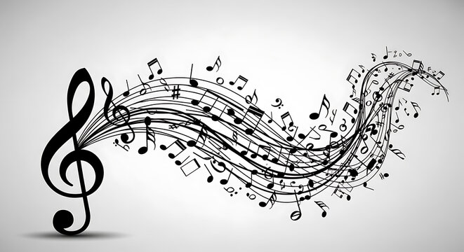 Creative background with flying music symbols and rhythmic flow