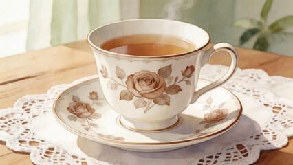 Fototapeta premium Vintage porcelain tea set with brown rose pattern, watercolor illustration of teacup and teapot on lace doily.