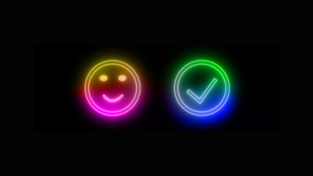 Colorful neon glowing smiley face and checkmark icons representing positive feedback, satisfaction, and approval for digital interfaces, isolated on black background.