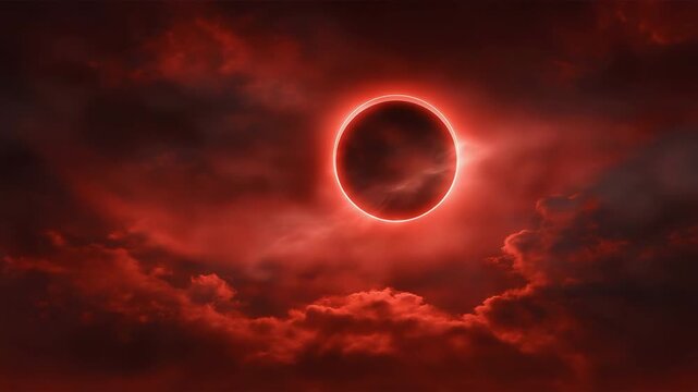 Blood moon over dark clouds. mystery, fantasy