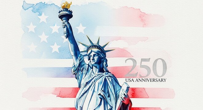 Statue of Liberty watercolor illustration with American flag background. USA 250th anniversary celebration concept, United States national symbol for Independence Day and patriotic holiday.