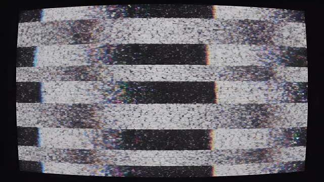 Distorted, pixelated static pattern with horizontal bands of dark and colorful noise