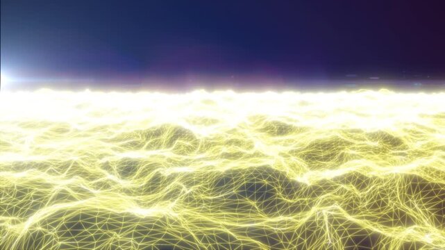 Bright yellow wireframe wave terrain with glowing polygon grid and intense horizon light under a dark sky, futuristic abstract technology background