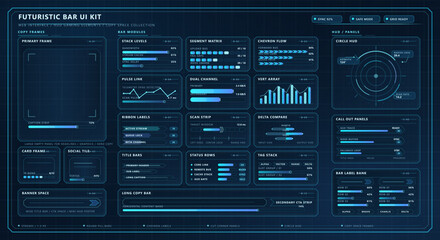 Fototapeta premium A futuristic bar UI kit featuring various HUD gaming elements, data