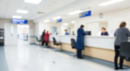 Fototapeta premium Blurred background of a busy hospital reception area with patients and medical staff. Healthcare facility, clinic interior, and medical service desk blurred for copy space.
