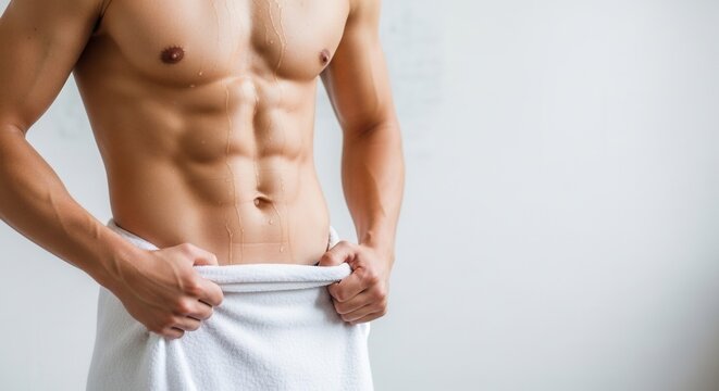 Fit athletic man with muscular six pack abs and sweat drops on skin. Close up of strong male body in white towel after workout or shower. Concept of fitness, bodybuilding and healthy lifestyle.