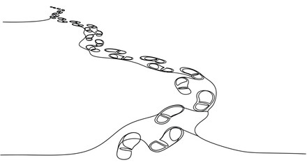 Human footprints path in continuous one line drawing for journey and progress concept © Line Home