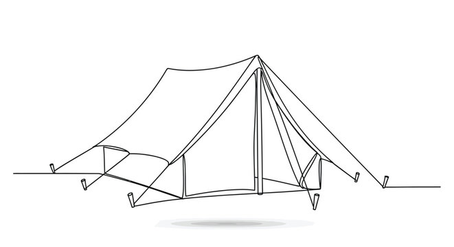 Minimalist continuous one line drawing of a camping tent for outdoor adventure