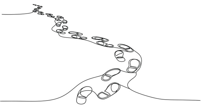 Human footprints path in continuous one line drawing for journey and progress concept