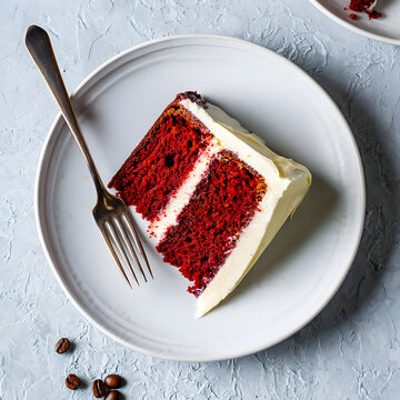 A slice of red velvet cake with cream cheese frosting on a white plate