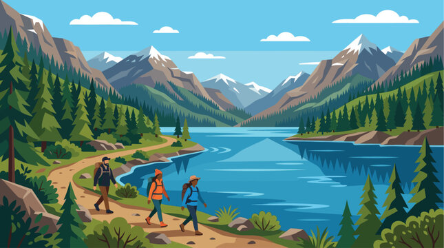 Three diverse friends backpack along a winding dirt path beside a vast blue lake, with snow-capped mountains and pine forests in the background, evoking adventure and nature.
