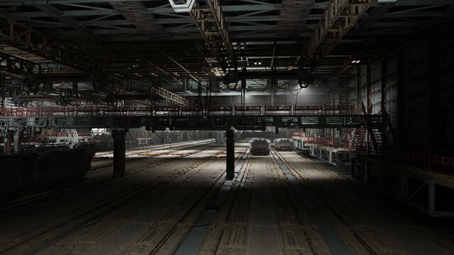 Dim industrial chamber with scattered light pooling over tracks, textured metal flooring, overhead conduits and distant platforms, eerie quiet suggesting