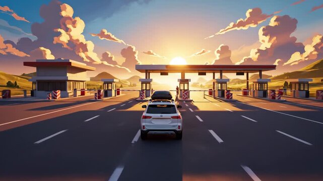 Animated illustration of car driving toward border checkpoint at sunset, cars entering control lanes for immigration, customs inspection, international travel crossing with transport flow and security