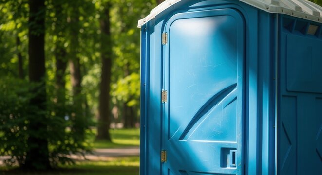 Blue portable toilet cabin standing in a public city park or forest. Outdoor mobile restroom facility for events, festivals, and construction sites. Sanitation and hygiene concept.