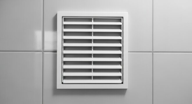 Square white plastic ventilation grate on wall. Exhaust fan cover for bathroom or kitchen ventilation. Air conditioning, airflow, and indoor climate control equipment.
