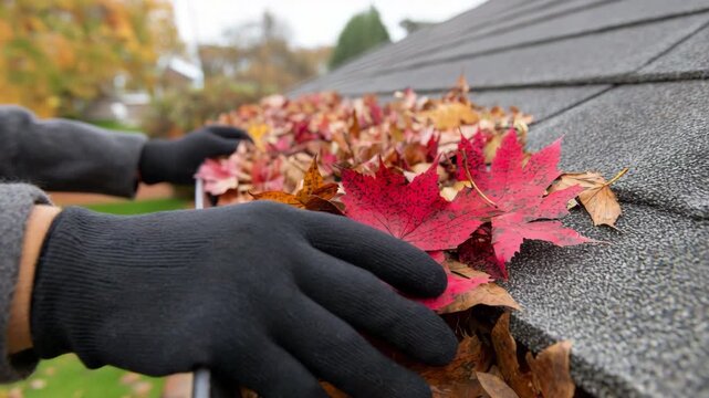 Worker cleaning leaves from roof gutter, autumnal