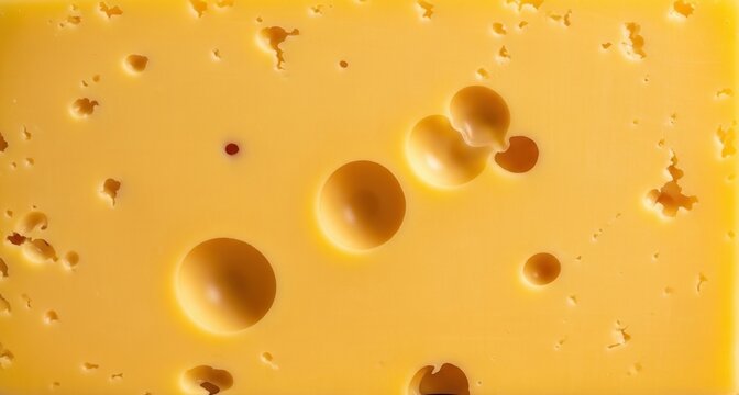 Close up of Swiss cheese texture with big holes. Macro background of dairy product, yellow emmental or maasdam cheese. Food ingredient for cooking, appetizer, and healthy organic nutrition.