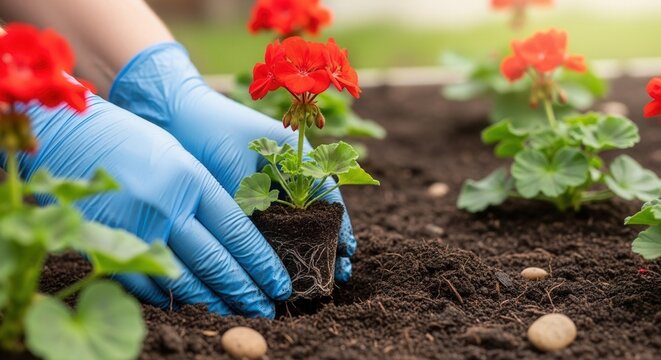 Hands in blue gloves planting red geranium flower in garden soil. Spring gardening professional work, outdoor hobby, botanical growth, agriculture seedling process, nature environment care.