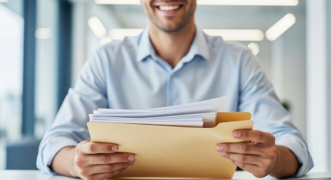 Smiling businessman in a blue shirt holding a paper folder in a bright office. Concept of career, job interview, document management, success, and professional corporate service.