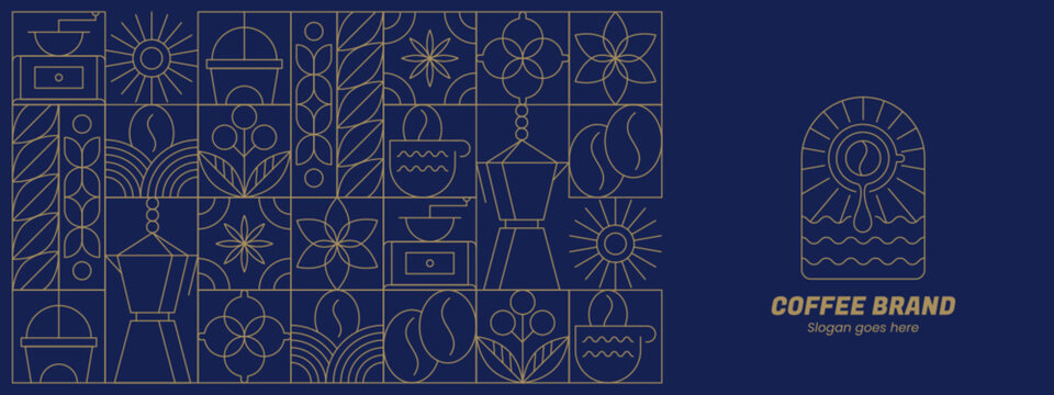 Abstract geometric coffee pattern in minimalist style. Vector seamless blue background with hand drawn line art beans, drink cups, hot teapot, plant leaves, bauhaus outline elements for cafe menu